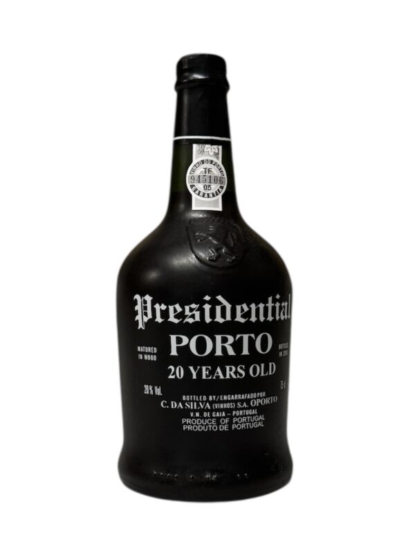 Sort flaske Presidential Porto 20 Years Old med hvid skrift
